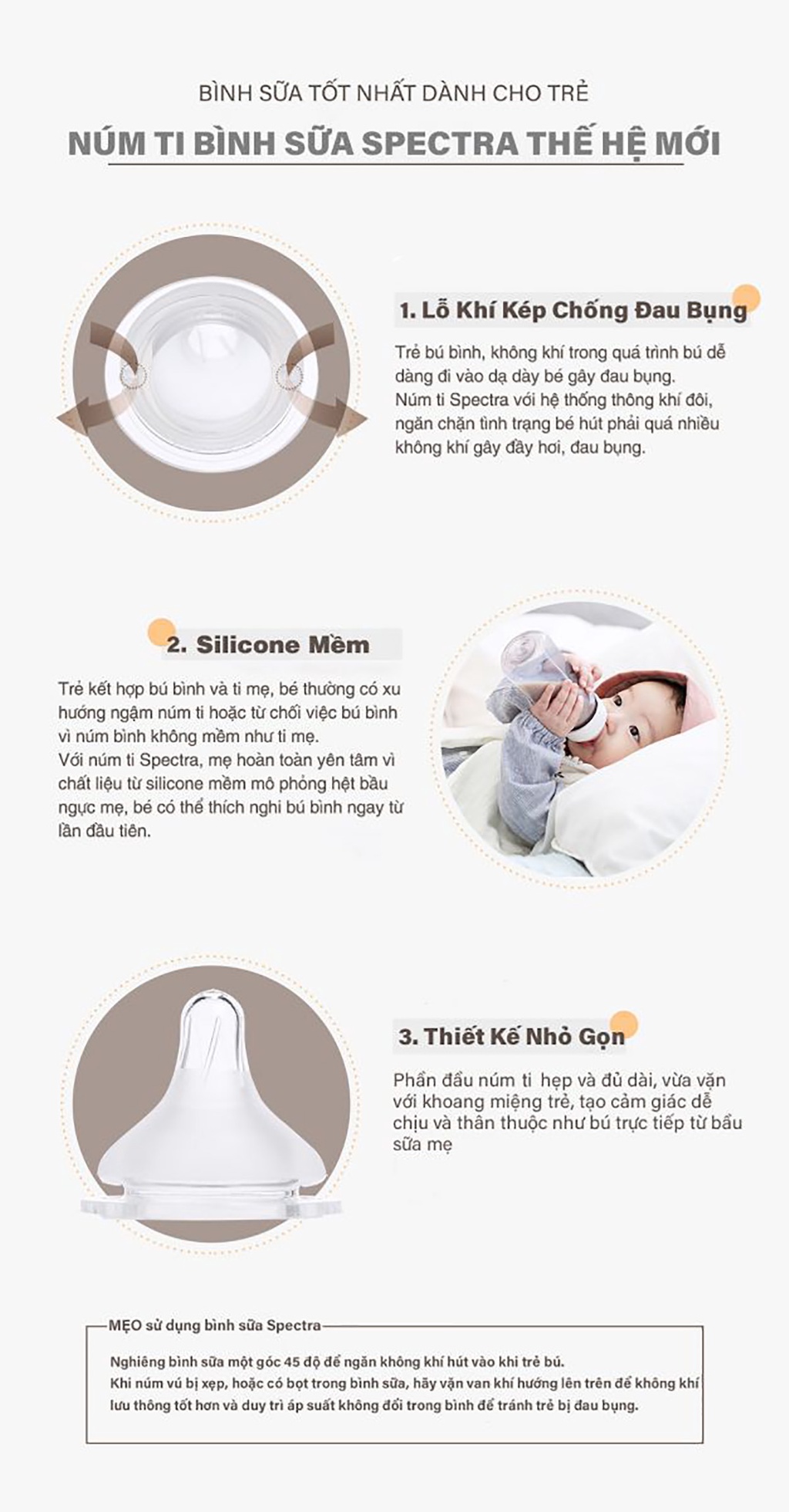 Mô tả Bình sữa PPSU cổ rộng Spectra 260ml kèm núm ti size M/L/XL (Xanh đậm/ Vàng) - 3