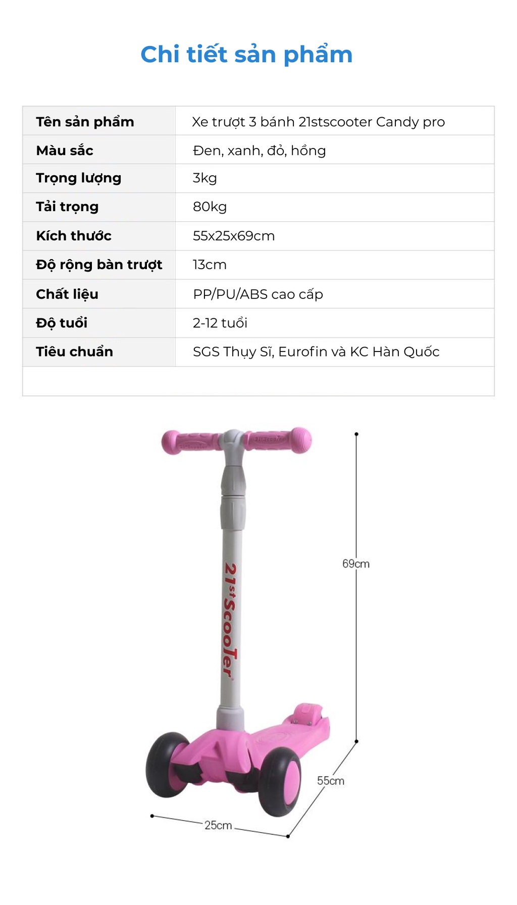Xe trượt scooter 21stscooter Candy Pro cho bé 2-12 tuổi