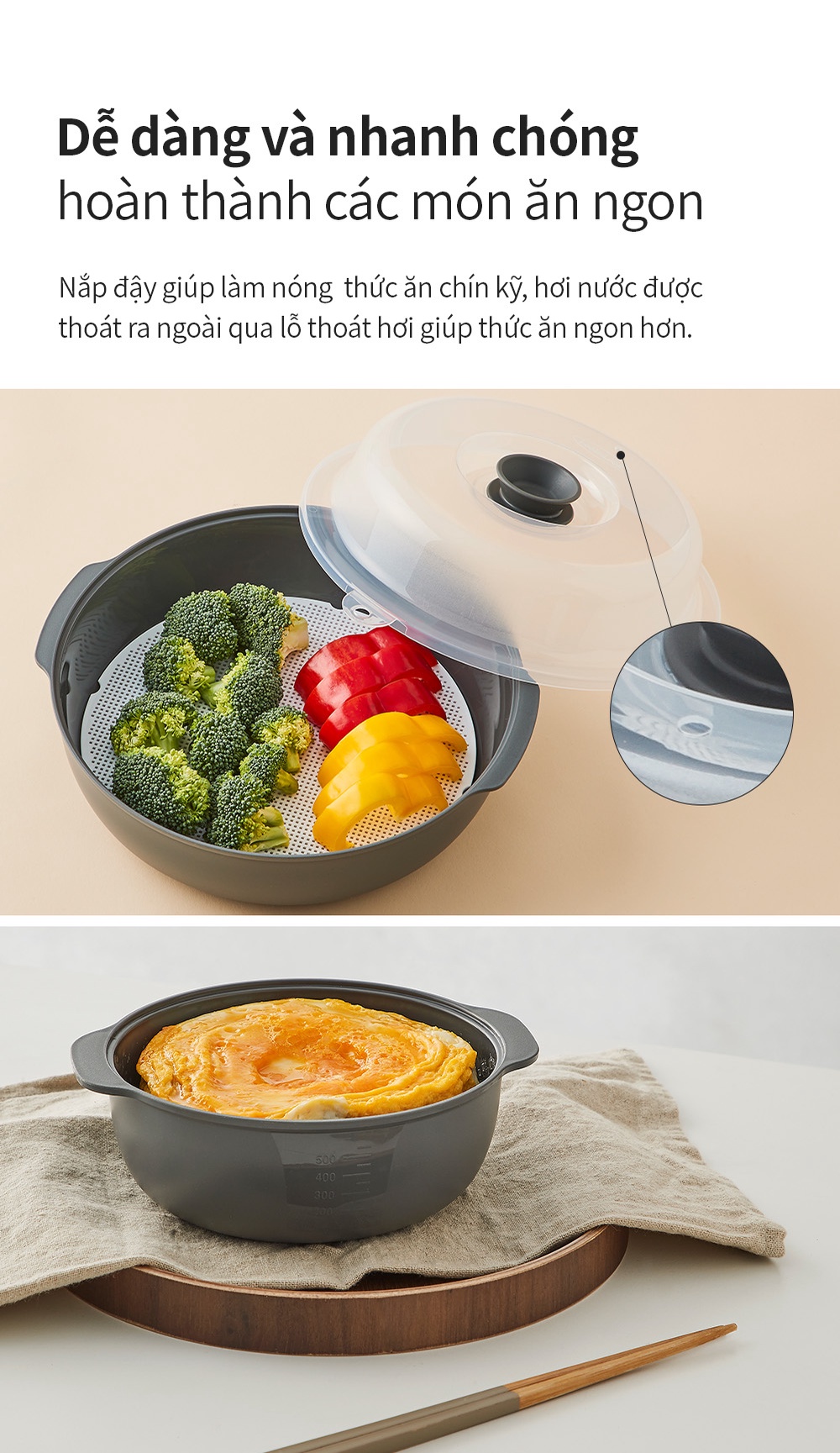 Nồi hấp trong lò vi sóng Lock&Lock Microwave Steamer dung tích 1.2L Màu xám LMW123