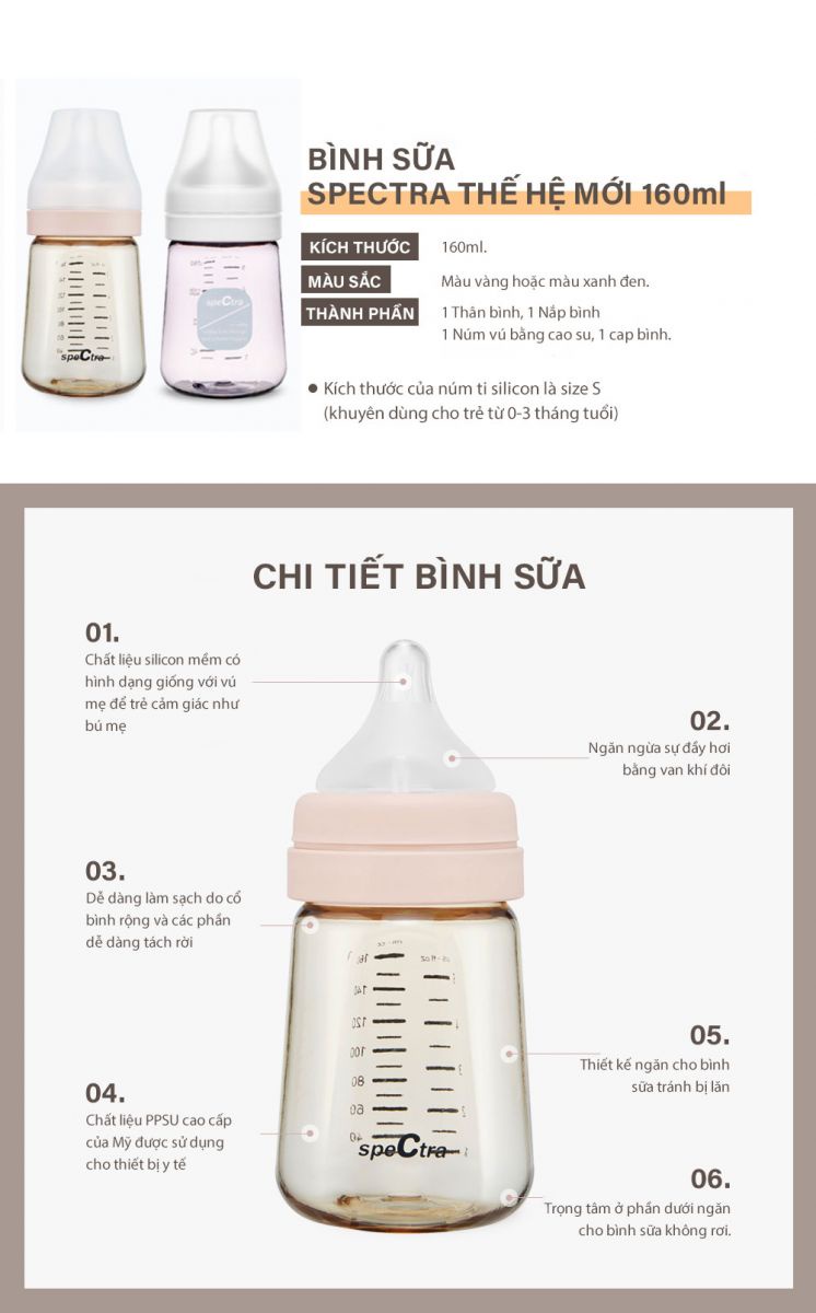Mô tả Bình sữa PPSU cổ rộng Spectra 160ml núm ti size S (màu vàng gold) - 2