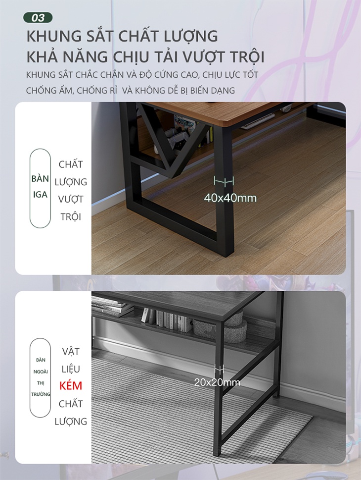 Mô tả Bàn gaming, bàn làm việc có kệ để đồ khung thép mặt gỗ mdf phủ melamin thương hiệu IGA - Gm68 - 6