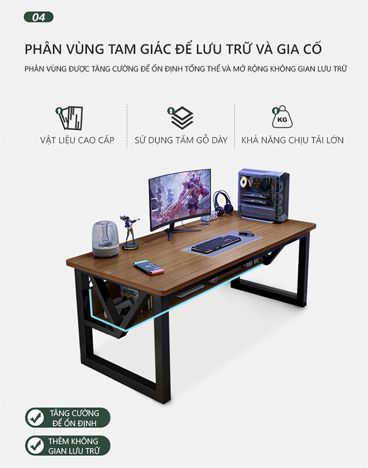 Mô tả Bàn gaming, bàn làm việc có kệ để đồ khung thép mặt gỗ mdf phủ melamin thương hiệu IGA - Gm68 - 7