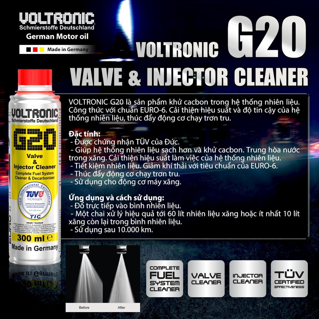 Mô tả PHỤ GIA VỆ SINH HỆ THỐNG XĂNG NHẬP KHẨU VOLTRONIC G20 VALVE AND INJECTOR CLEANER - VOLTRONIC VIETNAM STORE - 1