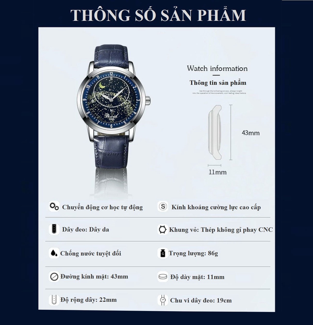 Mô tả Đồng hồ cơ tự động nam DIZIZID Automatic chính hãng - Dây da cao cấp - Thiết kế bầu trời sao chuyển động DZC99 - 7