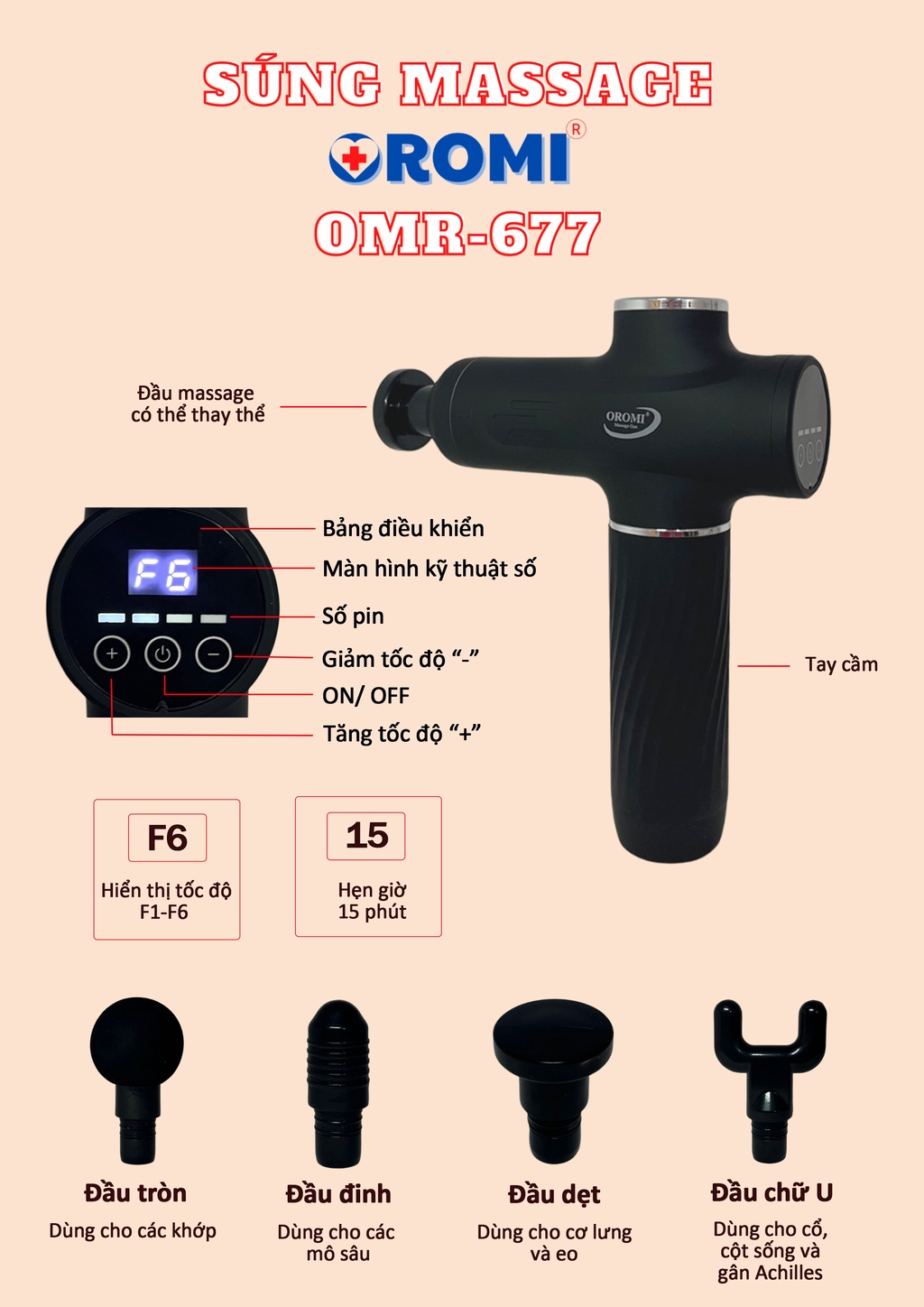 Mô tả Máy Massage Cầm Tay OROMI ORM-677 - Súng matxa giảm đau mỏi cơ bắp, lưng vai cổ - Mát xa toàn thân - 1