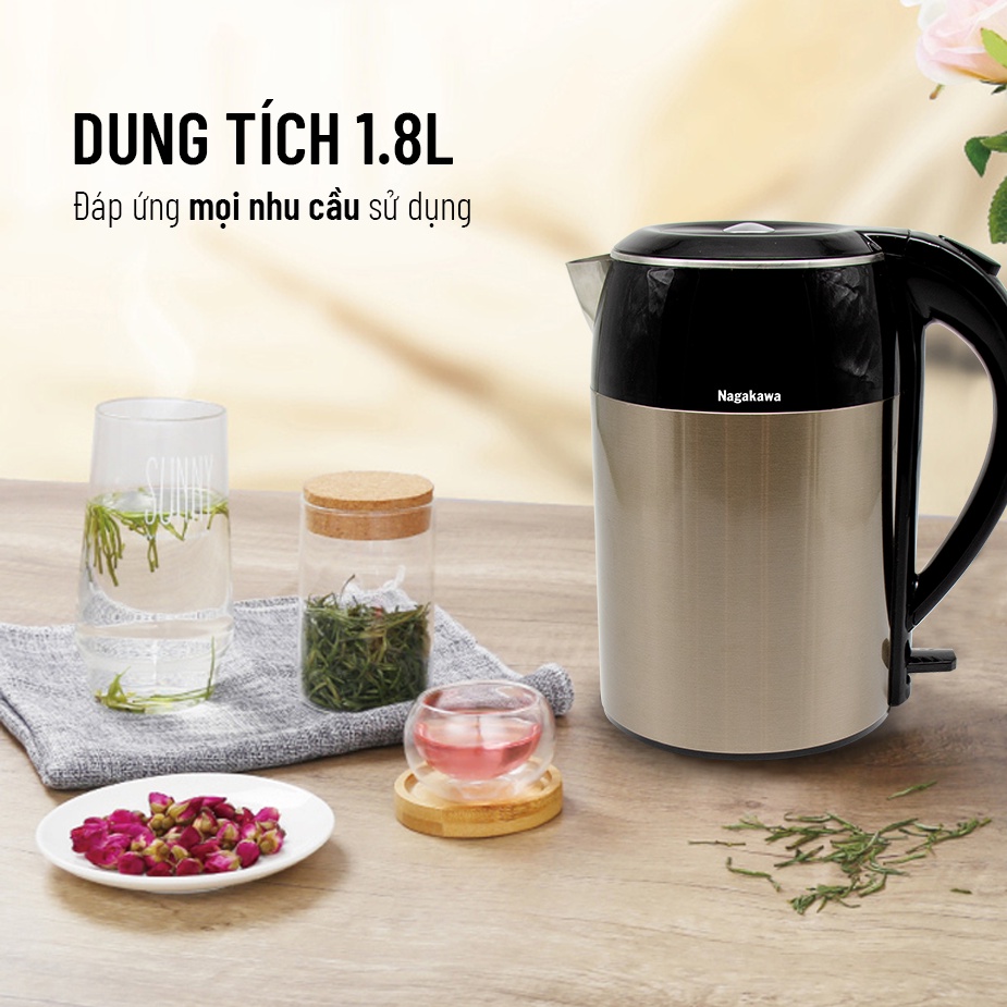 Mô tả Ấm siêu tốc 1,8L Nagakawa NAG0315 - 2 lớp - Công suất 1800W - 2