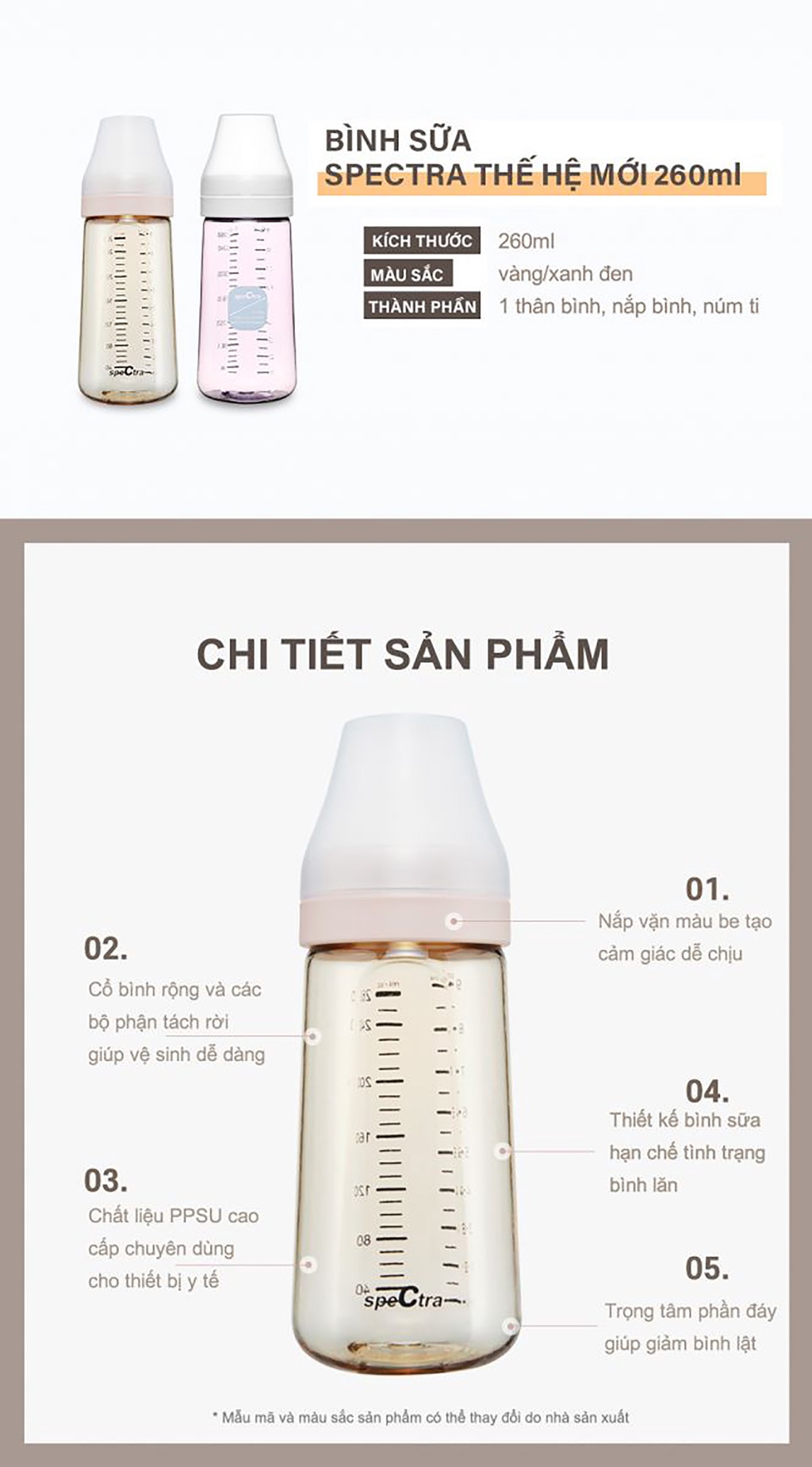 Mô tả Bình sữa PPSU cổ rộng Spectra 260ml kèm núm ti size M/L/XL HÀN QUỐC - 2