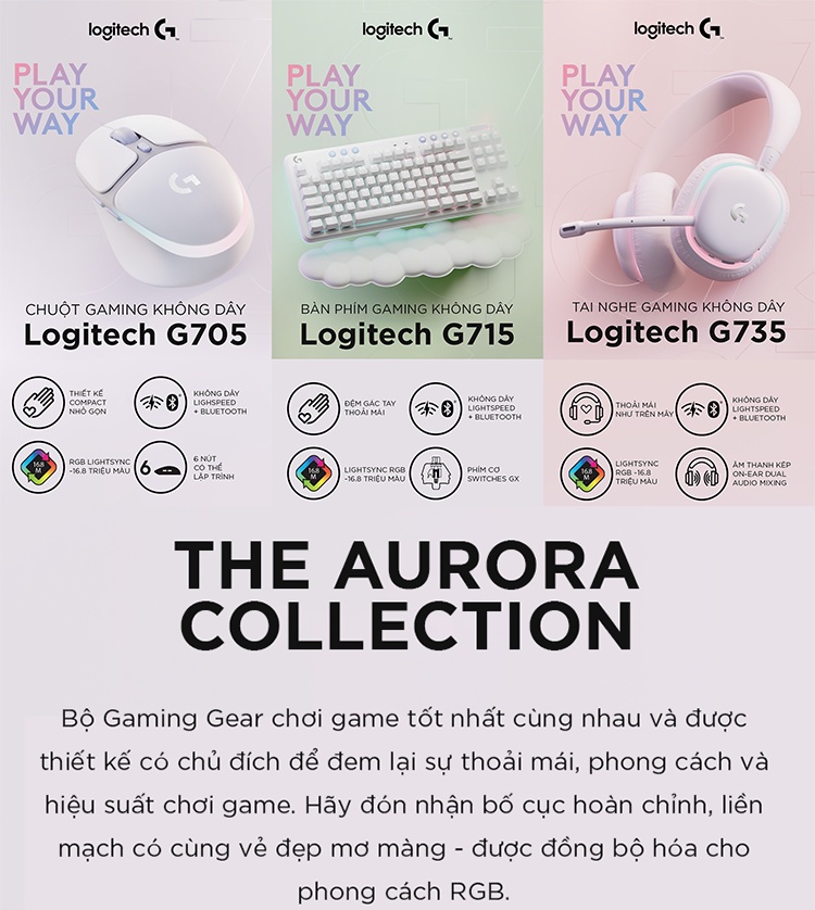 Combo Logitech Aurora - Bàn phím cơ G715 TKL, Chuột G705, Tai nghe ...