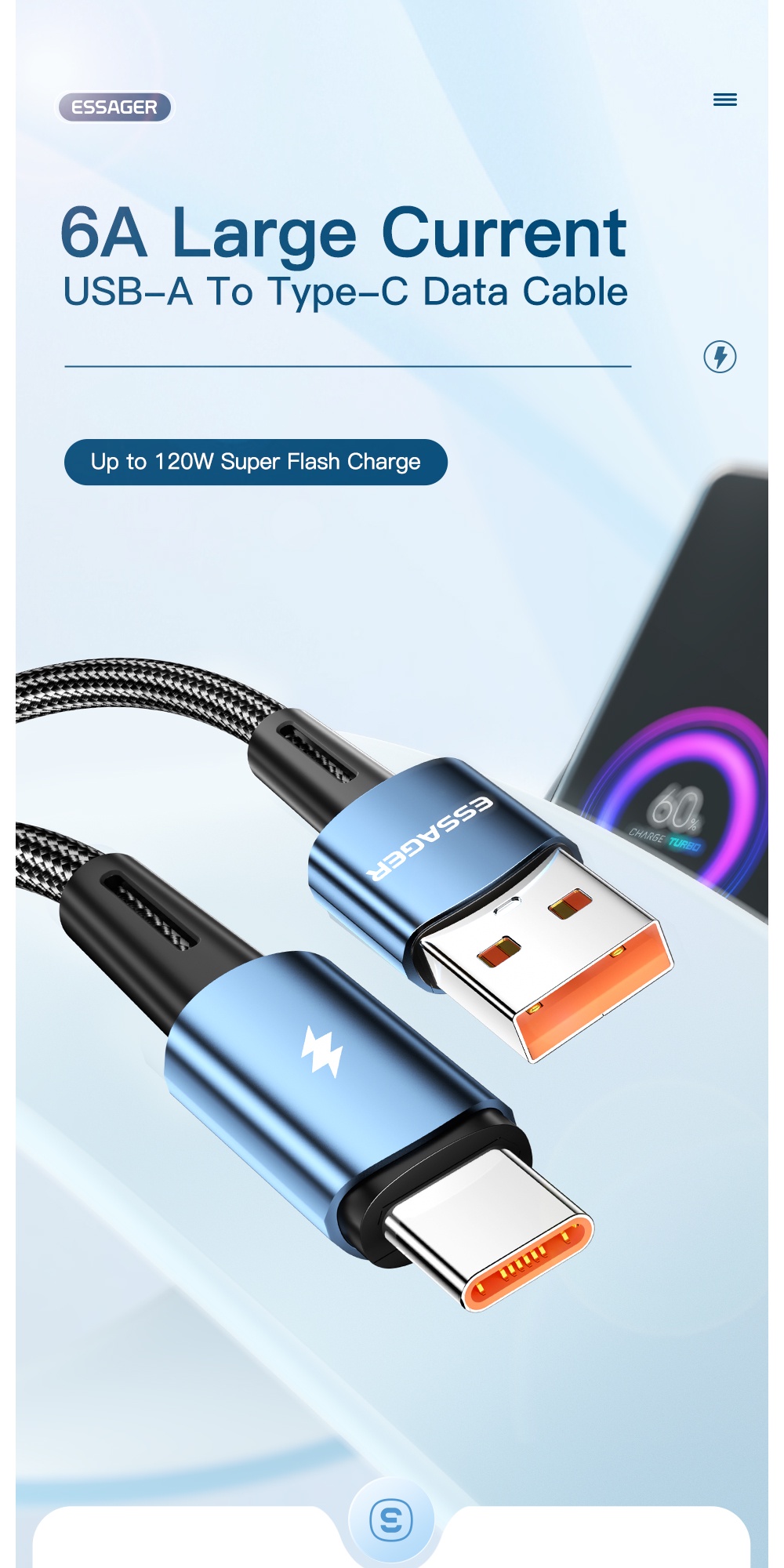 Mô tả Dây cáp sạc nhanh ESSAGER 6A 67W 120W cho Xiaomi 11Pro 12Pro K50 - 1