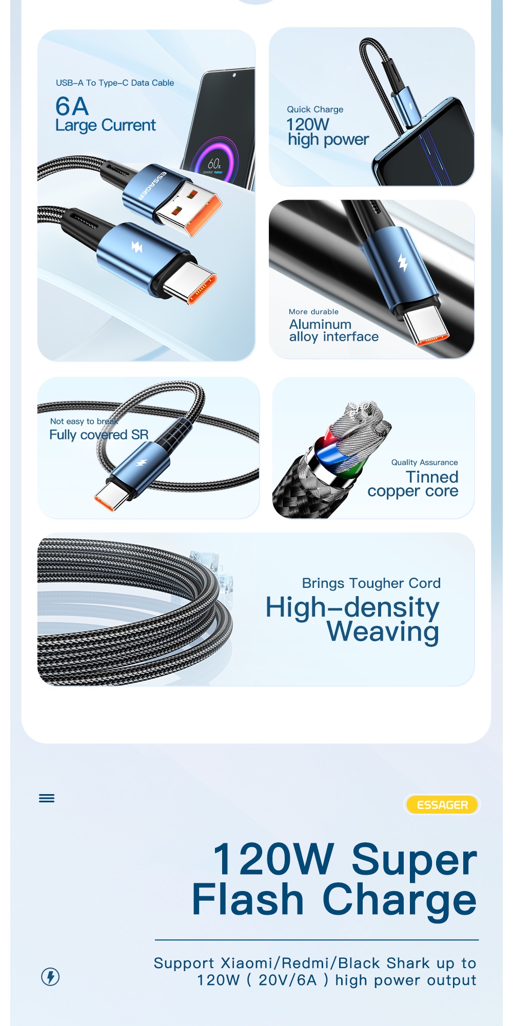 Mô tả Dây cáp sạc nhanh ESSAGER 6A 67W 120W cho Xiaomi 11Pro 12Pro K50 - 2