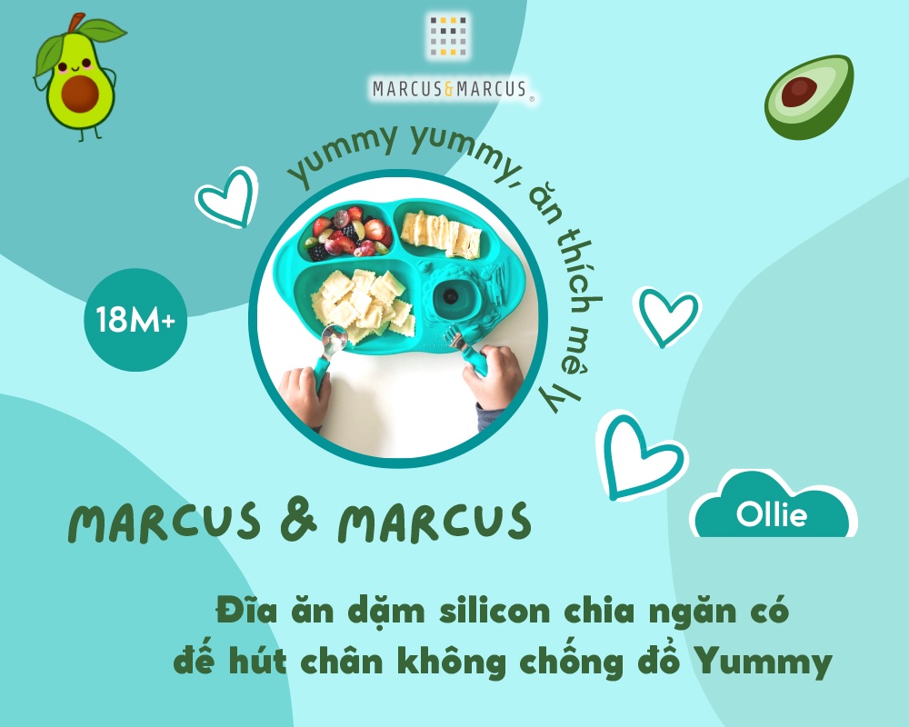 Mô tả Đĩa ăn dặm silicon chia ngăn có đế hút chân không chống đổ Yummy Marcus & Marcus, cho bé từ 18 tháng - Ollie - 1