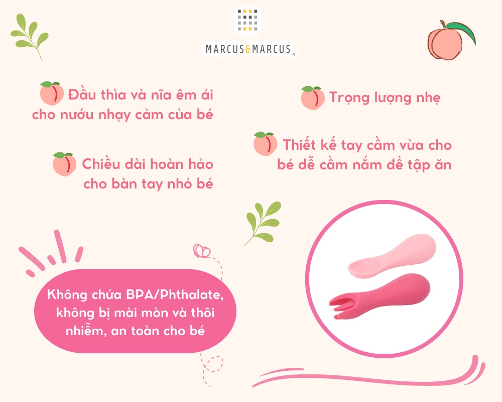 Mô tả Bộ Thìa Nĩa Tập Ăn Silicon Palm Grasp Marcus & Marcus, Cho Bé Từ 12 Tháng - 2