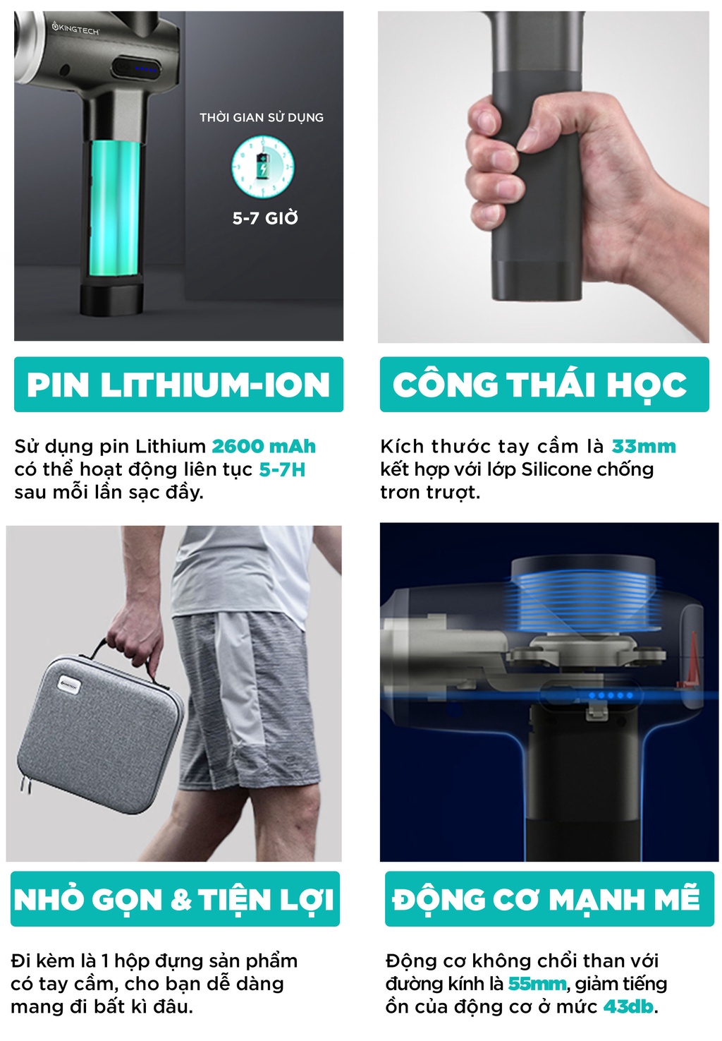 Mô tả Súng Massage Cao Cấp KINGTECH MAX 1 -  Máy Mát xa Chuyên Nghiệp Giúp Giảm Đau, Giãn Cơ Cho Gymer, Runner, Vận Động Viên - 3