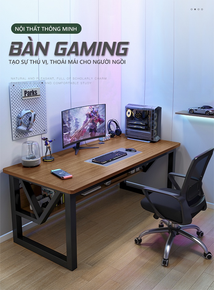 Mô tả Bàn gaming, bàn làm việc có kệ để đồ khung thép mặt gỗ mdf phủ melamin thương hiệu IGA - Gm68 - 1