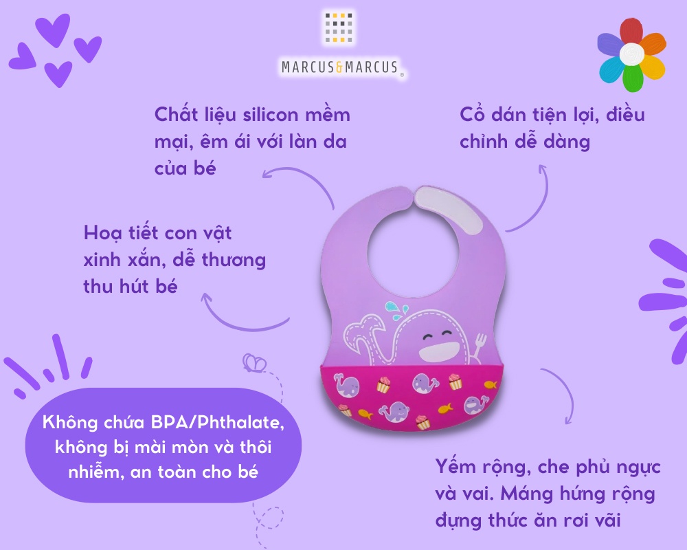 Mô tả Yếm Silicon Ăn Dặm Cổ Dán Marcus & Marcus, Cho Bé Từ 6 Tháng - 2