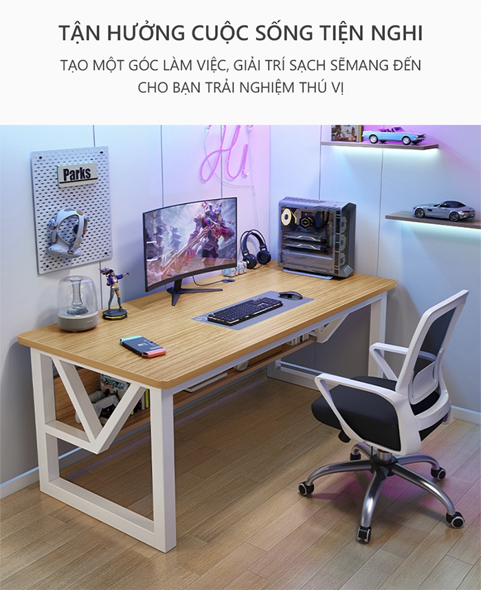 Mô tả Bàn gaming, bàn làm việc có kệ để đồ khung thép mặt gỗ mdf phủ melamin thương hiệu IGA - Gm68 - 3