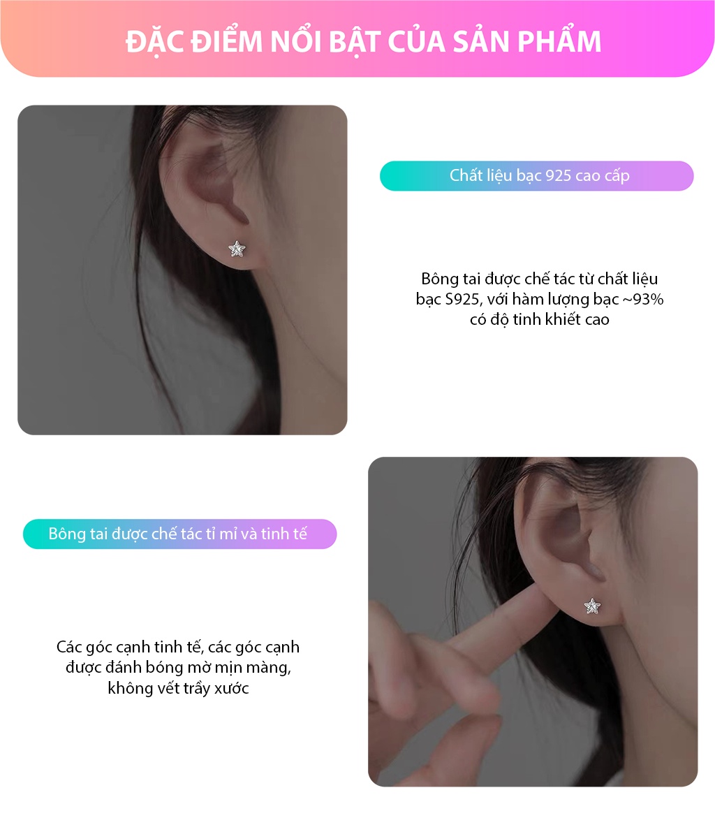 Mô tả Bông tai bạc nữ MIÊU BẠC khuyên tai sao đá nhỏ chất liệu bạc chất liệu s925 thời trang phụ kiện trang sức E028 - 2
