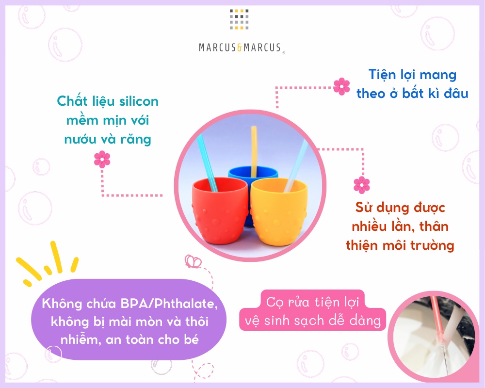 Mô tả Bộ 6 ống hút silicon kèm cọ rửa Marcus & Marcus, từ 3 tuổi - 2
