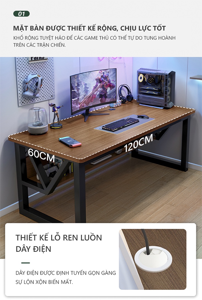 Mô tả Bàn gaming, bàn làm việc có kệ để đồ khung thép mặt gỗ mdf phủ melamin thương hiệu IGA - Gm68 - 4