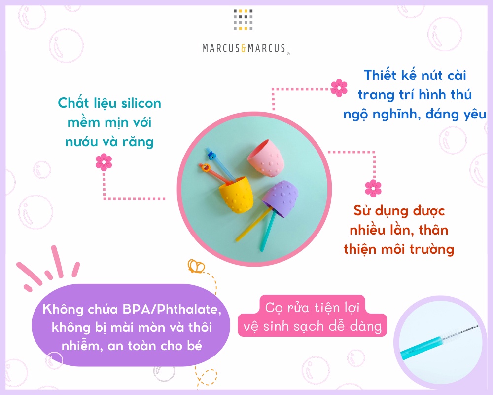 Mô tả Bộ ống hút silicon kèm cọ rửa Family Marcus & Marcus cho bé từ 3 tuổi - 2