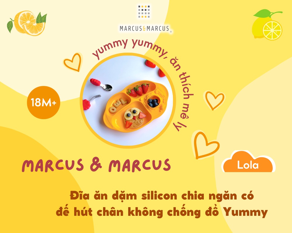 Mô tả Đĩa ăn dặm silicon chia ngăn có đế hút chân không chống đổ Yummy Marcus & Marcus, cho bé từ 18 tháng - Lola - 1