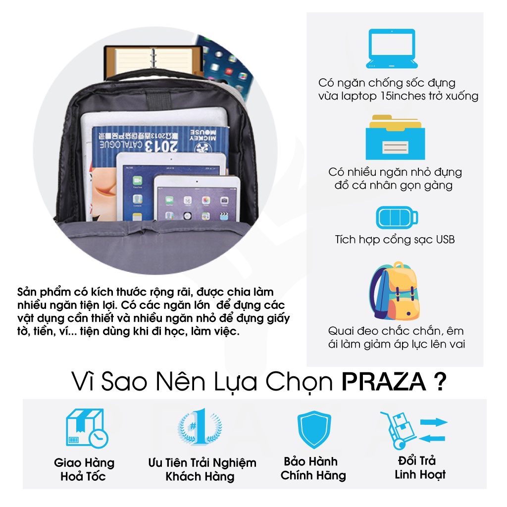 Mô tả Ba Lô Laptop Tích Hợp USB Cao Cấp PRAZA BL174 - 2