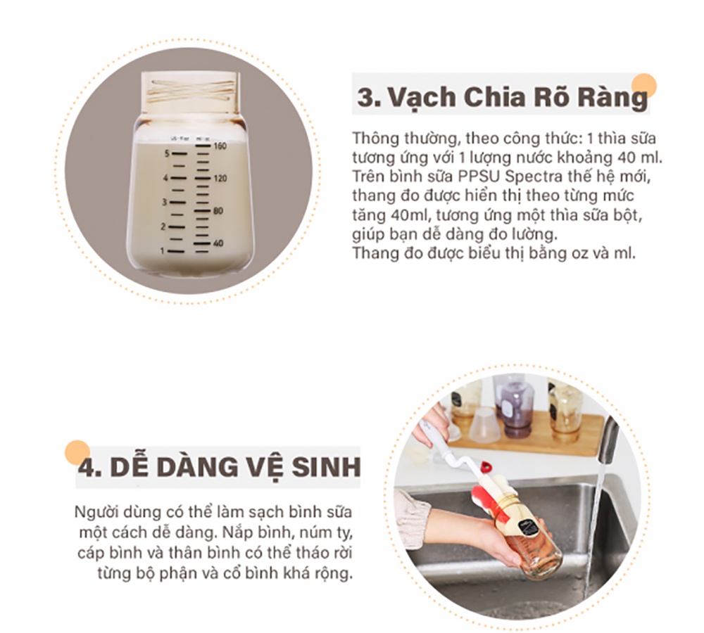 Mô tả Bình sữa PPSU cổ rộng Spectra 260ml kèm núm ti size M/L/XL HÀN QUỐC - 5
