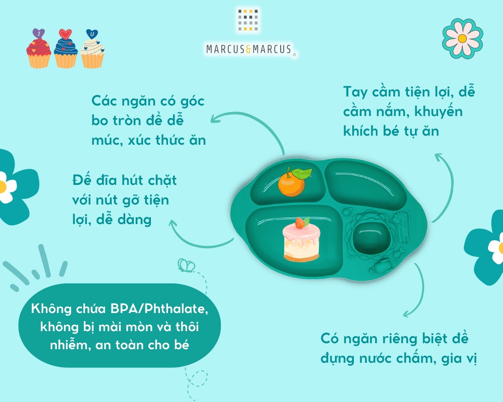 Mô tả Đĩa ăn dặm silicon chia ngăn có đế hút chân không chống đổ Yummy Marcus & Marcus, cho bé từ 18 tháng - Ollie - 2