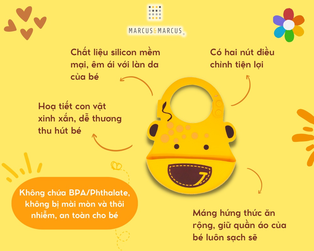 Mô tả Yếm Silicon Ăn Dặm Marcus & Marcus, Cho Bé Từ 6 Tháng - 2