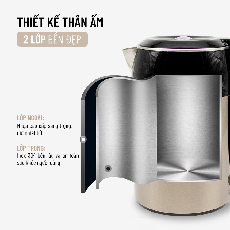 Mô tả Ấm siêu tốc 1,8L Nagakawa NAG0315 - 2 lớp - Công suất 1800W - 3