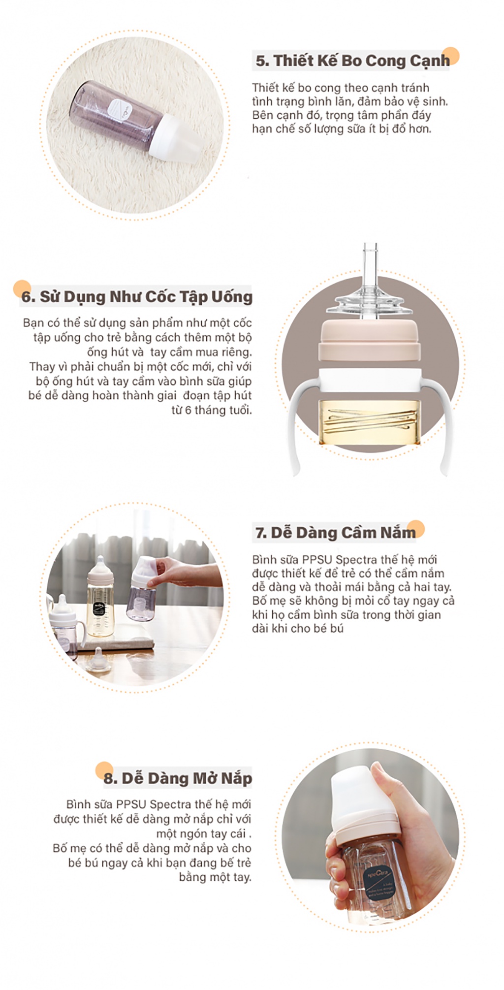 Mô tả Bình sữa PPSU cổ rộng Spectra 260ml kèm núm ti size M/L/XL HÀN QUỐC - 6