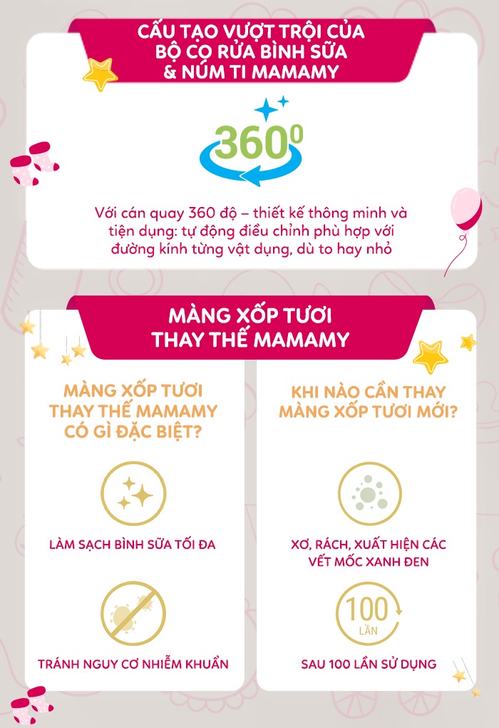 Mô tả Bộ cọ rửa bình sữa 2 chi tiết quay 360 độ Mamamy, siêu mềm, an toàn cho bé từ sơ sinh - 2