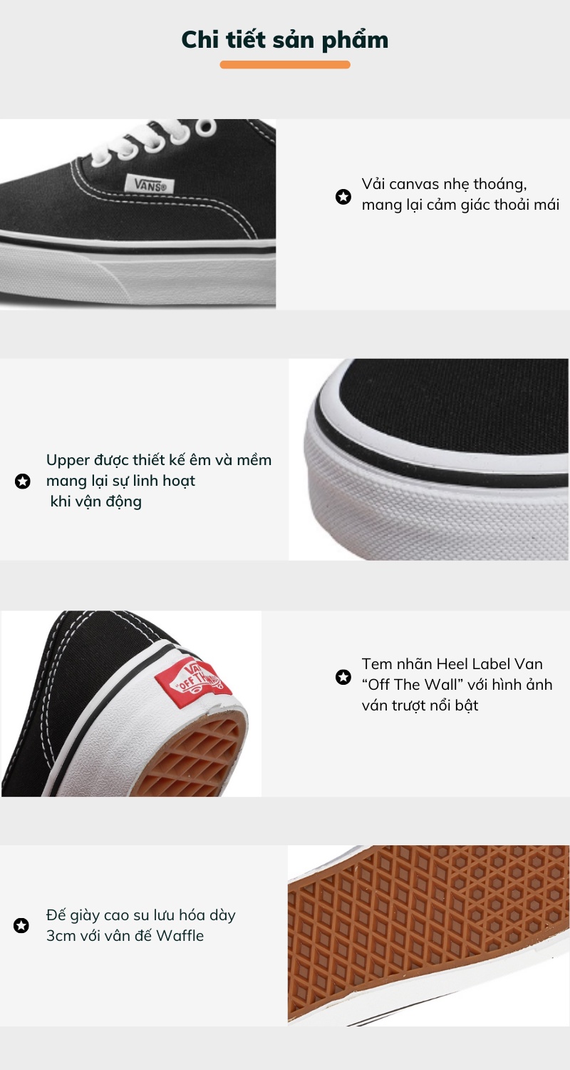Mô tả Giày Vans Authentic Black Canvas VN000EE3BLK - 3