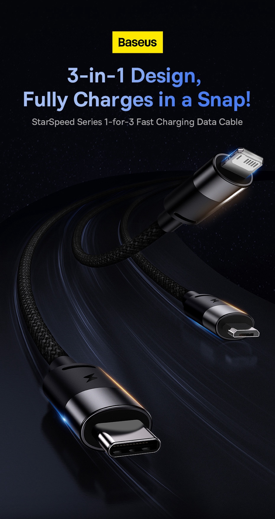 Mô tả Cáp sạc BASEUS 3 trong 1 micro USB type C thích hợp cáp sạc nhanh cho ip 14 13 12 pro max 3.5a Samsung Xiaomi Redmi - 1