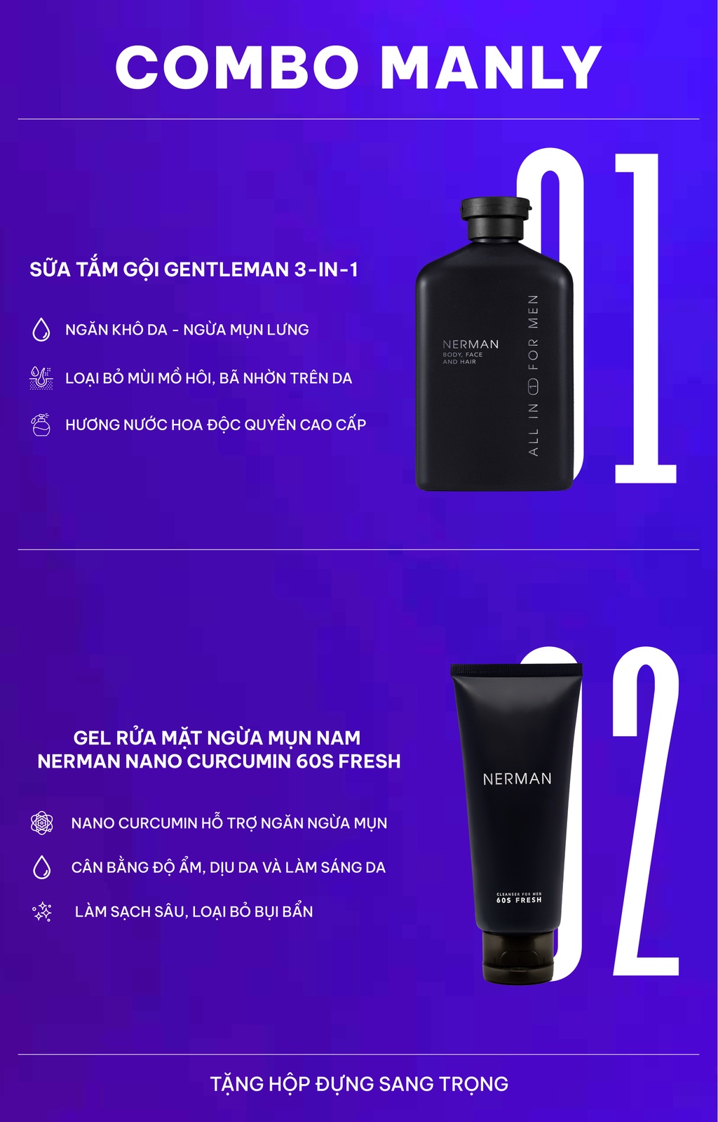 Mô tả Combo Manly Nerman - Sữa tắm gội cho nam 350ml & Gel rửa mặt 60S Fresh ngừa mụn 100ml - 3