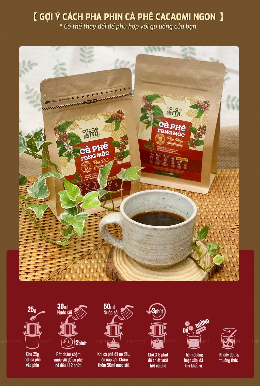 Mô tả Cà phê nguyên chất rang mộc Cacao Mi blend Robusta Arabica đậm đà cafe pha phin thơm ngon 15g-250g - 5