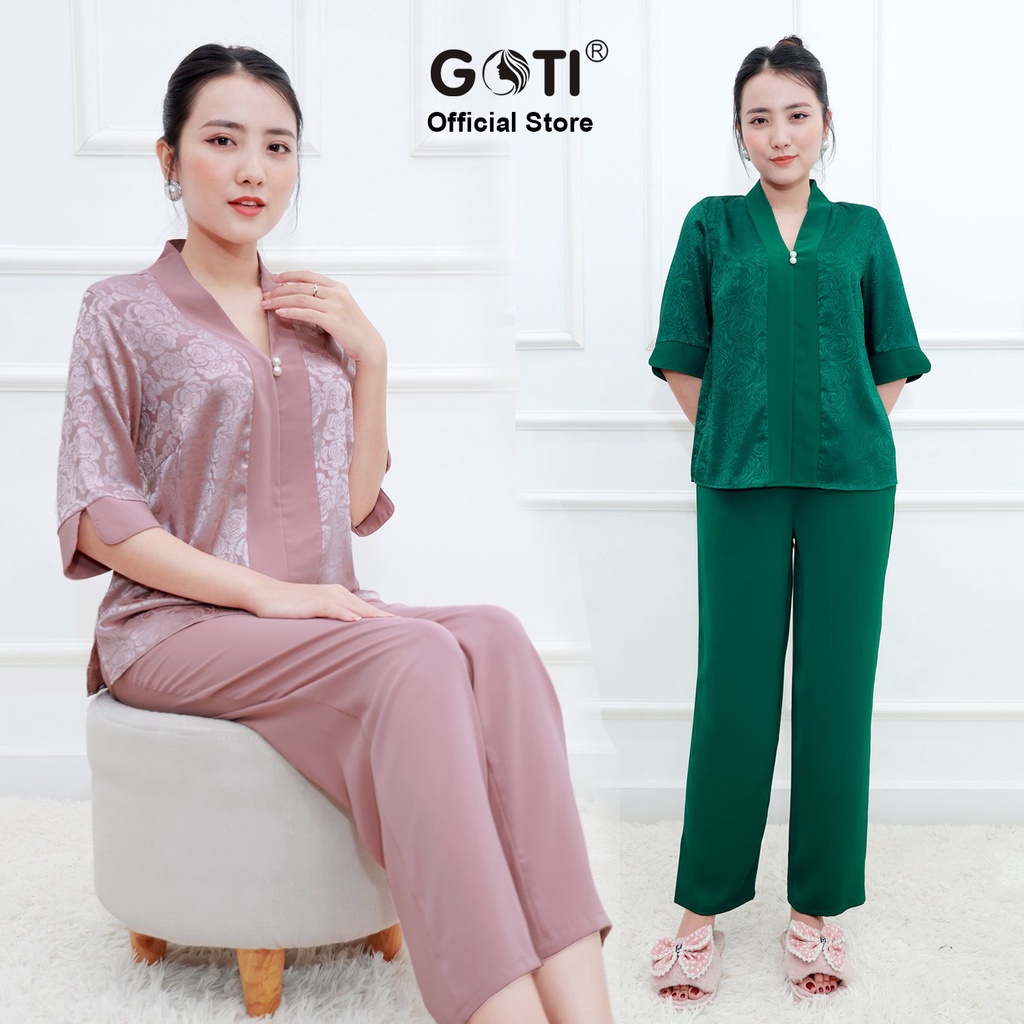 Mô tả Đồ Bộ Trung Niên GOTI Mặc Nhà Nữ Sang Trọng Chất Gấm Cao Cấp Cổ Chui Tay Lững Có Túi Pijama Lụa Cho Mẹ 3359 3360 - 2