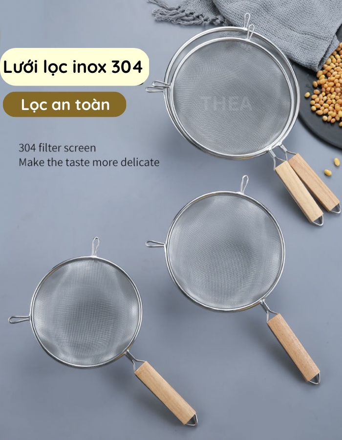 Rây lọc lưới inox 304 cán gỗ cao cấp THEA, lọc trà, cháo, thức ăn dặm ...