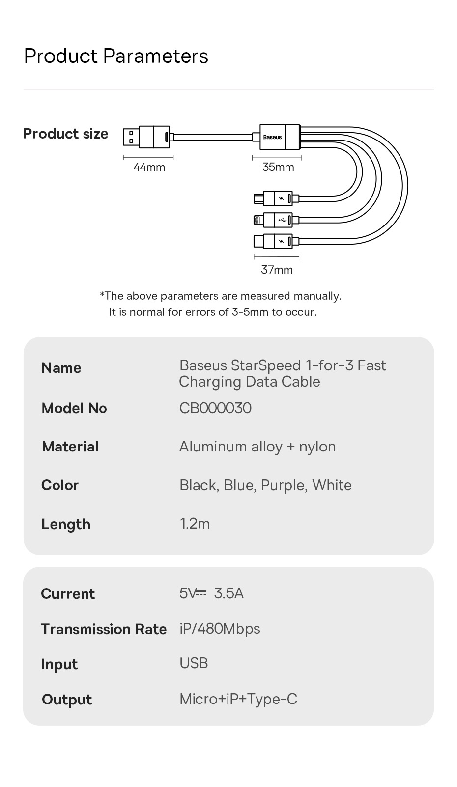Mô tả Cáp sạc BASEUS 3 trong 1 micro USB type C thích hợp cáp sạc nhanh cho ip 14 13 12 pro max 3.5a Samsung Xiaomi Redmi - 11