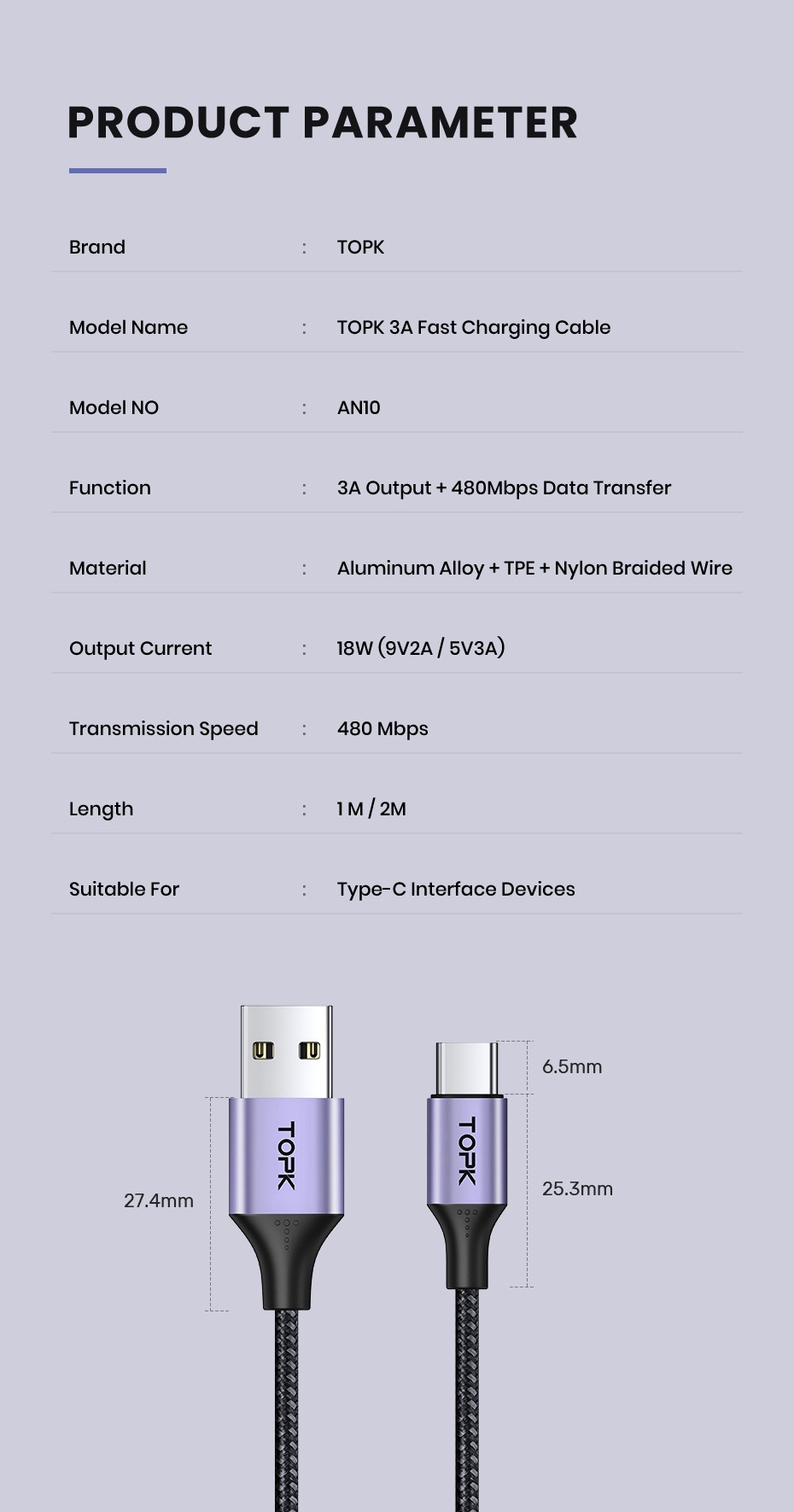 Mô tả Cáp Sạc TOPK AN10 3A QC3.0 1M Micro USB Type C Chất Lượng Cao Cho iPhone - 9