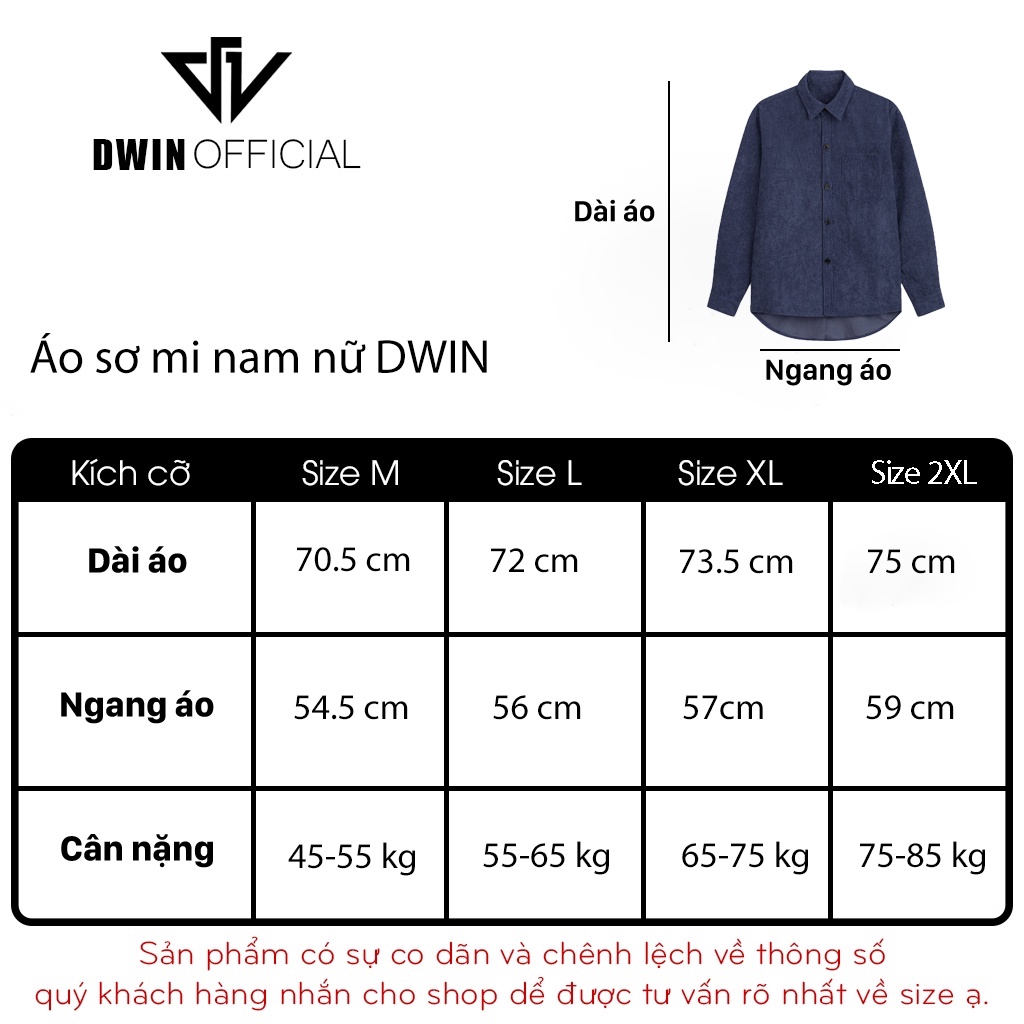 Mô tả Áo sơ mi nam nữ dài tay DWIN trơn basic chất nhung tăm cao cấp chống nhăn - 1