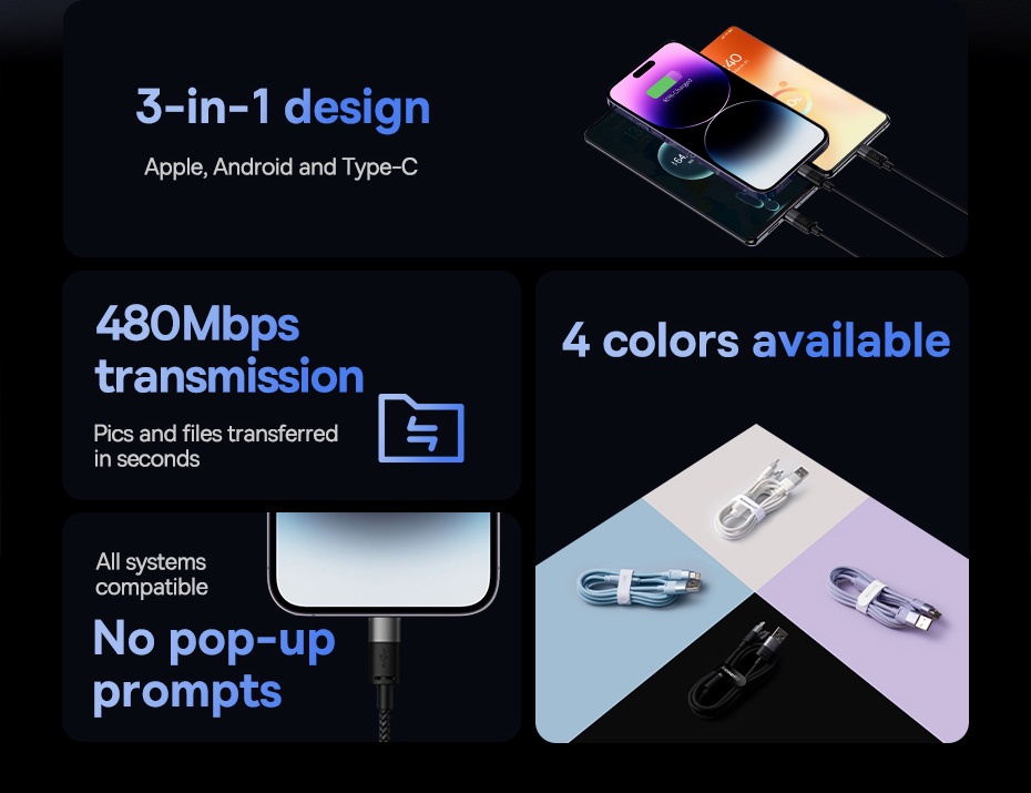 Mô tả Cáp sạc BASEUS 3 trong 1 micro USB type C thích hợp cáp sạc nhanh cho ip 14 13 12 pro max 3.5a Samsung Xiaomi Redmi - 2
