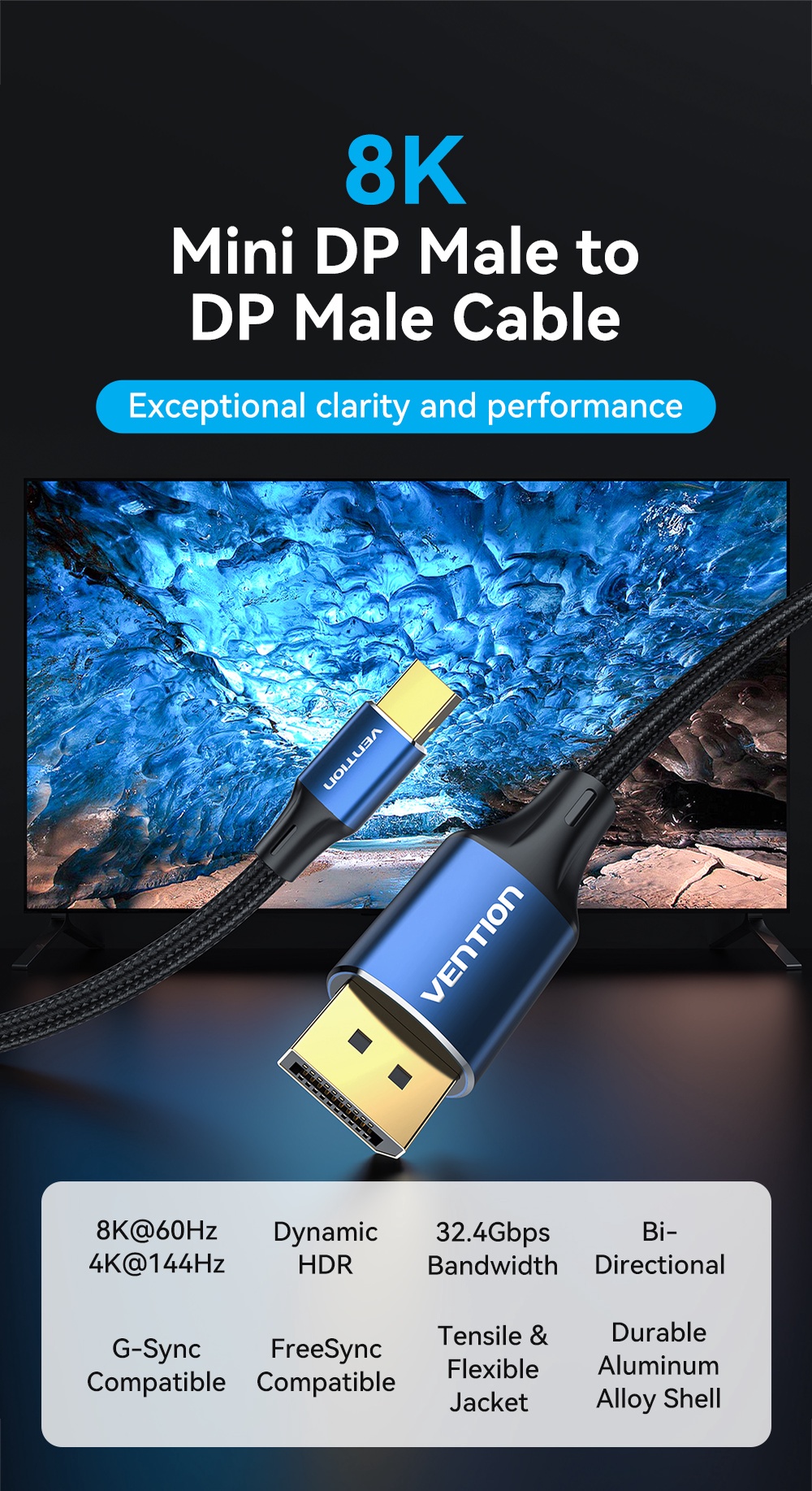 DP Cáp Vention 8k 60hz DP 1.4 240hz Cáp Mini DP tốc độ cao cho máy tính ...