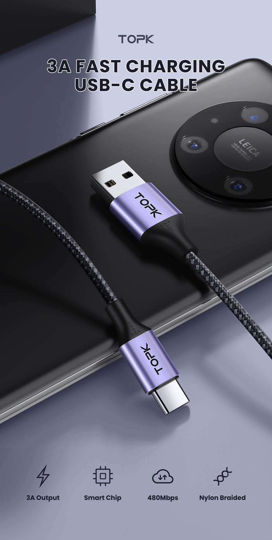 Mô tả Cáp Sạc TOPK AN10 3A QC3.0 1M Micro USB Type C Chất Lượng Cao Cho iPhone - 1