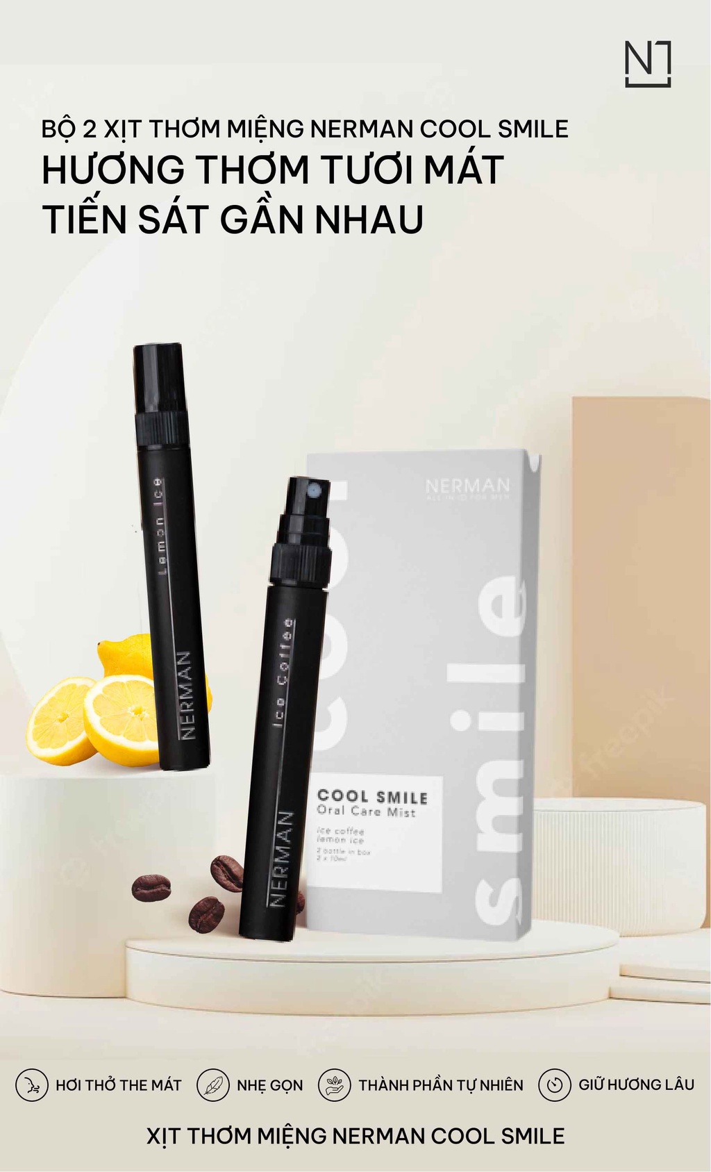 Mô tả Xịt thơm miệng Nerman Cool Smile 2 hương Ice Coffee & Lemon Ice 10ml/chai - 1
