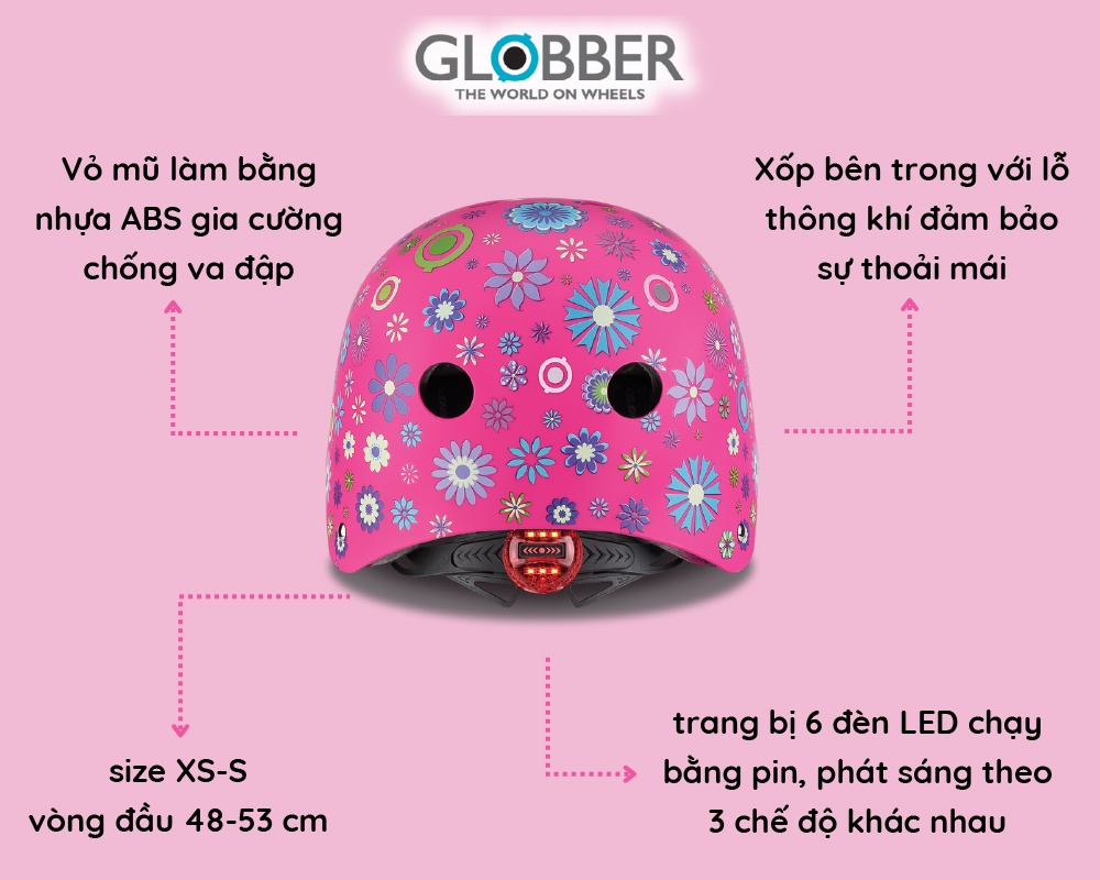 Mô tả Mũ Bảo Hộ Chơi Xe Trượt Có Thể Điều Chỉnh Kích Cỡ Và Đèn Phát Sáng Globber Elite XS/S Cho Bé Từ 3-6 Tuổi - Hồng/Họa Tiết - 2