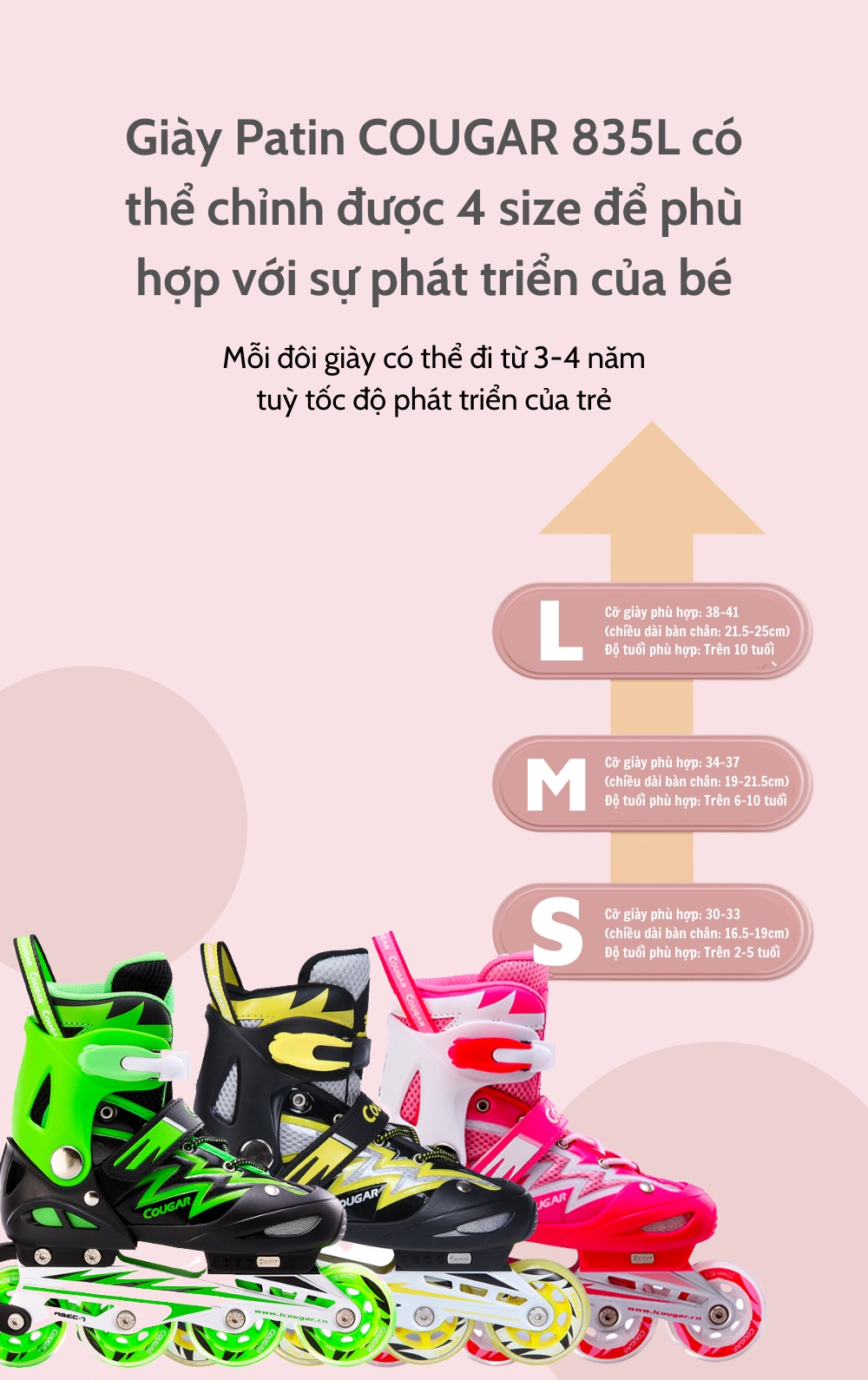 Mô tả Giày Trượt Trẻ Em Cougar 835L Có Nút Chỉnh Size Tiện Lợi Có Form Giầy Chắc Chắn, Phanh Chân An Toàn - 1