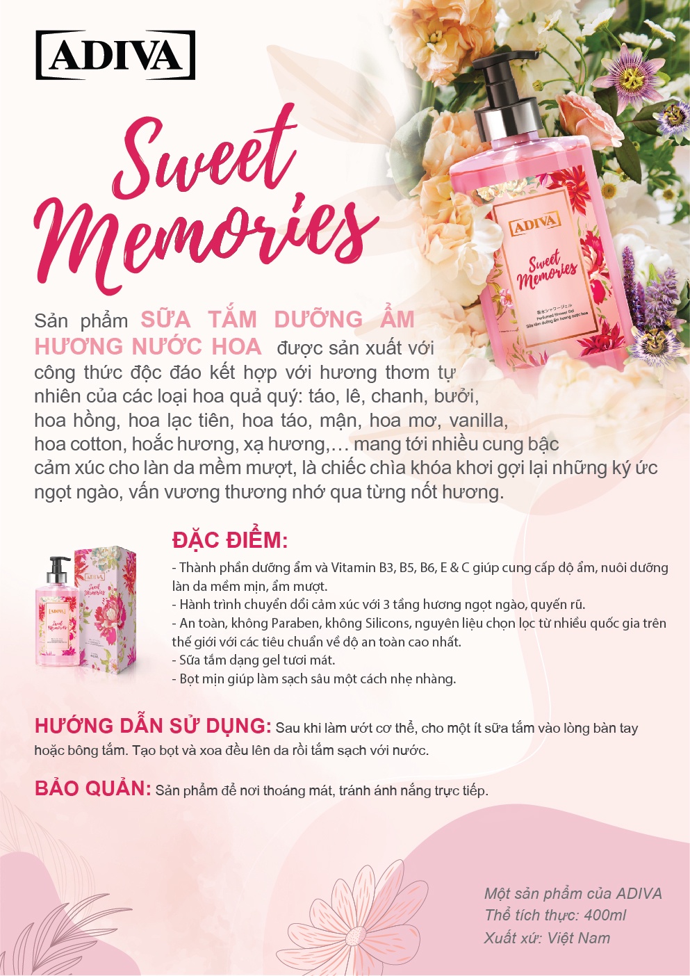 Mô tả Combo 2 Sữa Tắm Dưỡng Ẩm Hương Nước Hoa ADIVA Sweet Memories 400ml - 2