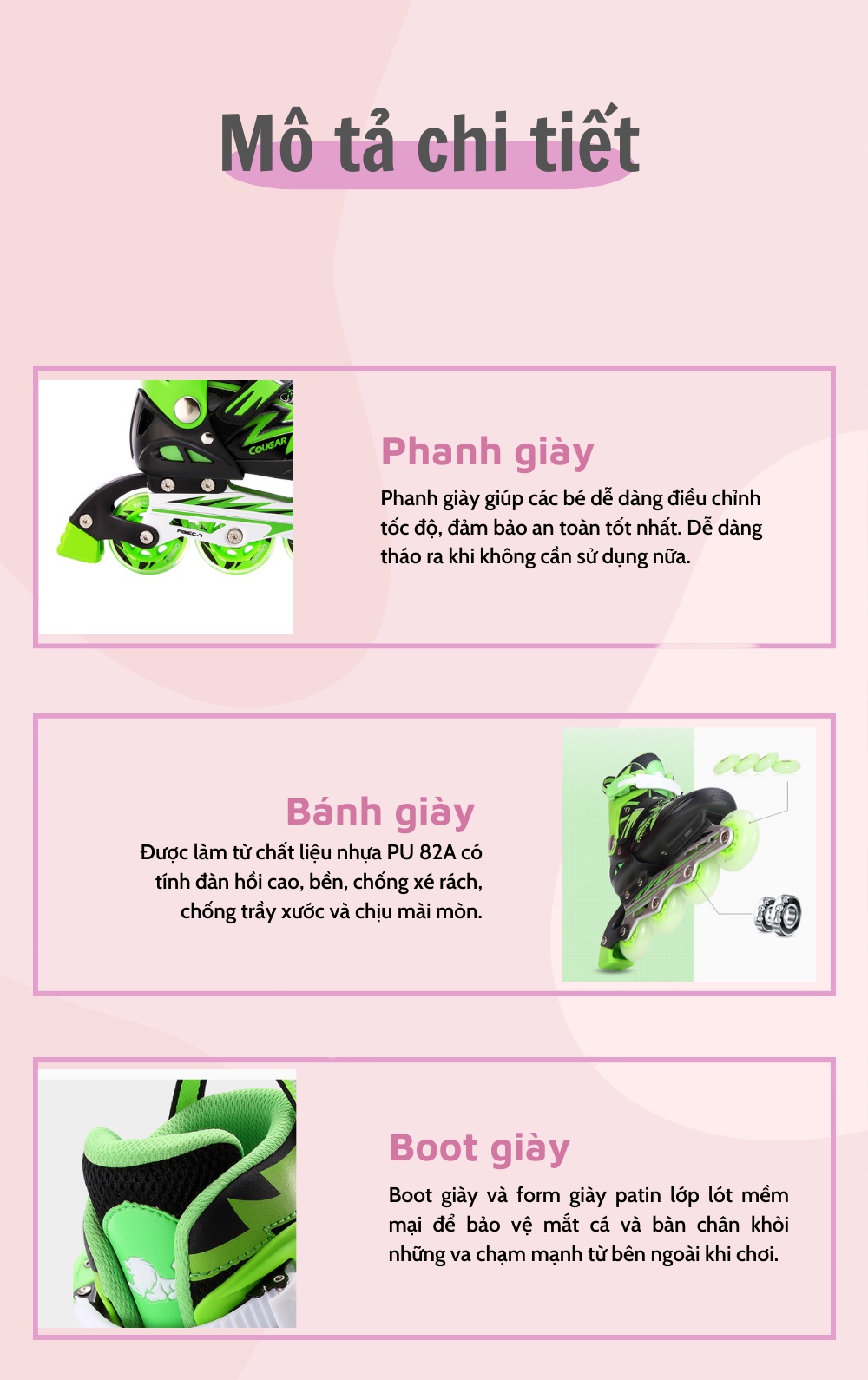 Mô tả Giày Trượt Trẻ Em Cougar 835L Có Nút Chỉnh Size Tiện Lợi Có Form Giầy Chắc Chắn, Phanh Chân An Toàn - 2