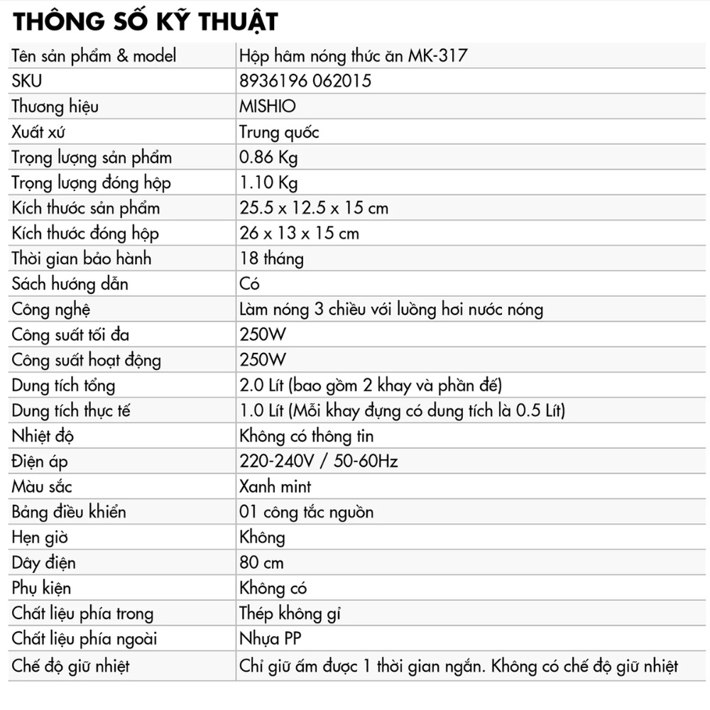 Hộp Hâm Cơm Văn Phòng inox 304 MISHIO MK317